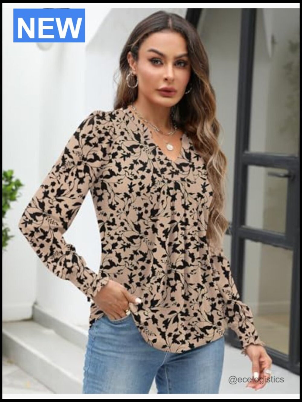 Women's V Neck Long Sleeve Ruffle Cuff Blouse Top - Picture 2 of 7